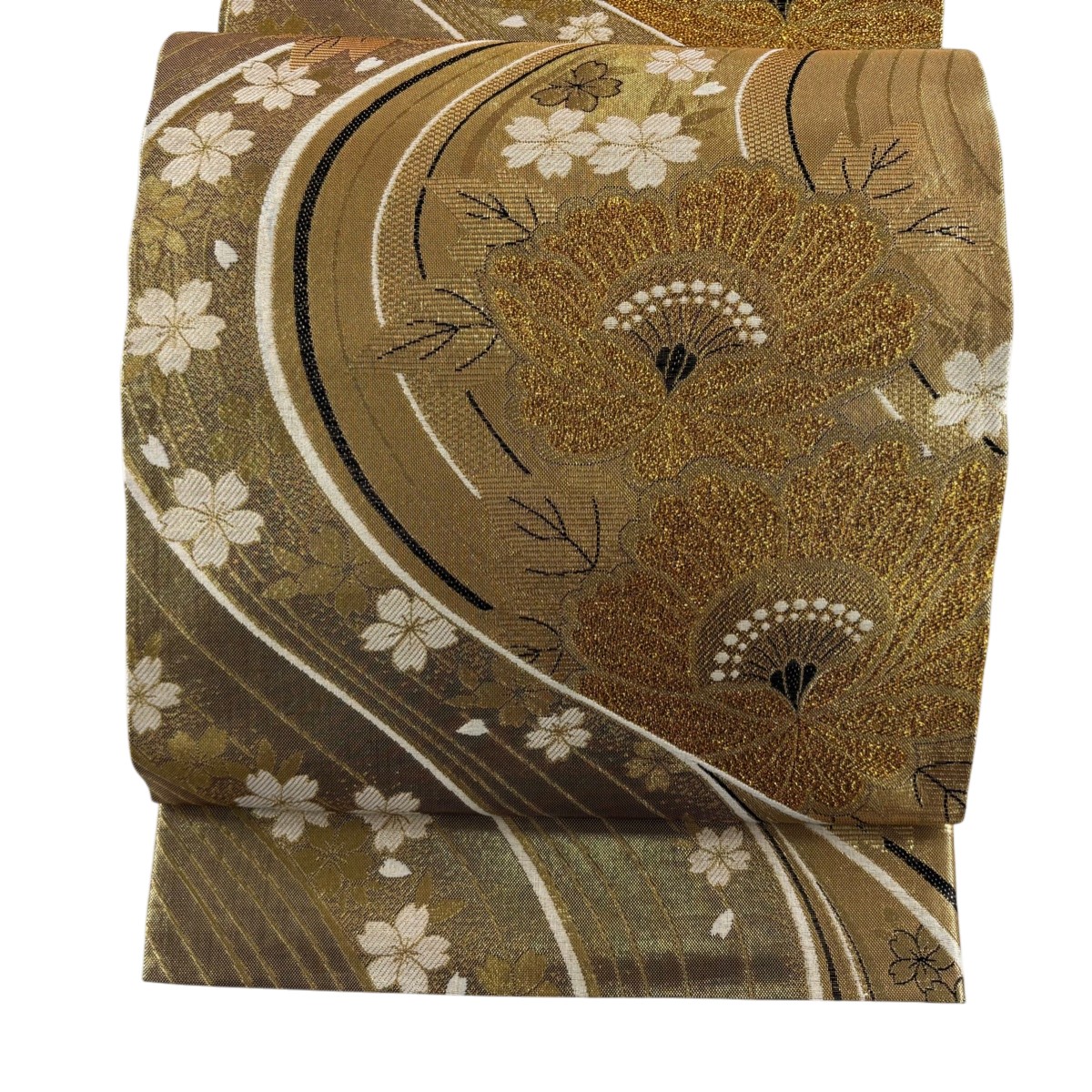 【美品】 袋帯 秀品 振袖向き 牡丹 桜 金糸 箔 金色 全通 正絹 【中古】