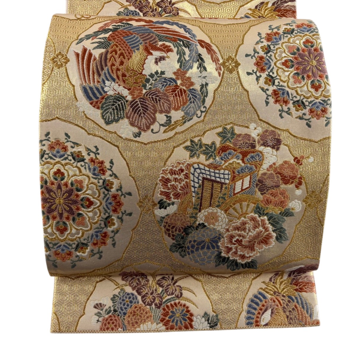 【美品】 袋帯 秀品 関西仕立て 御所車 鳳凰 金糸 刺繍 金色 六通 正絹 【中古】
