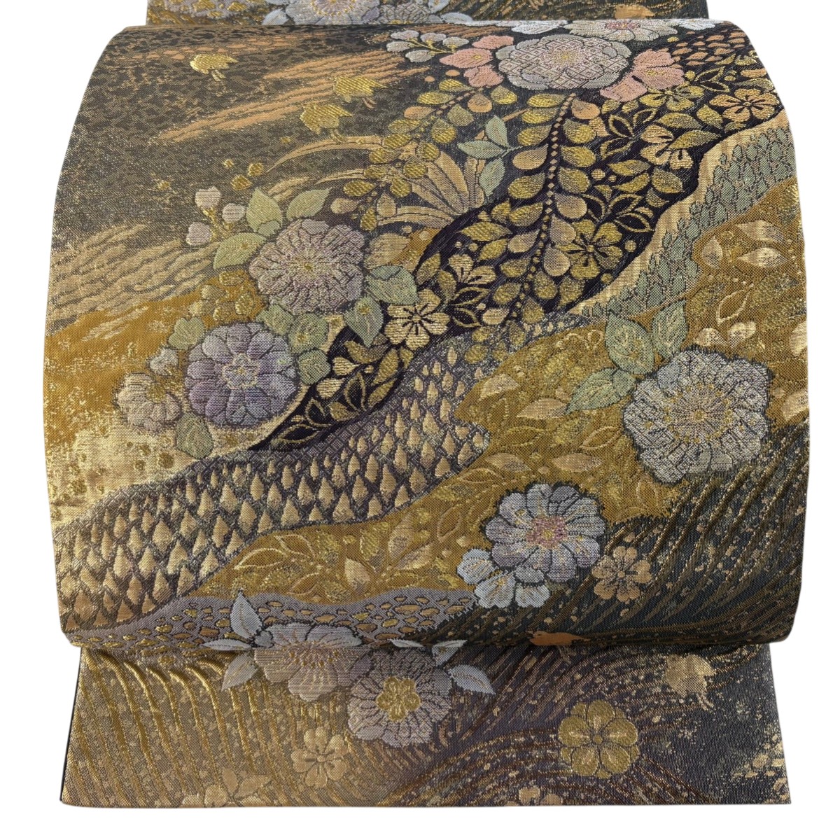 【美品】 袋帯 秀品 草花 千鳥 金銀糸 箔 濃紫 六通 正絹 【中古】