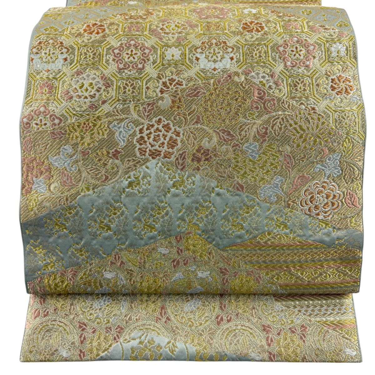 【美品】 袋帯 秀品 本袋帯 蜀江文 花唐草 金銀糸 箔 灰緑 六通 正絹 【中古】