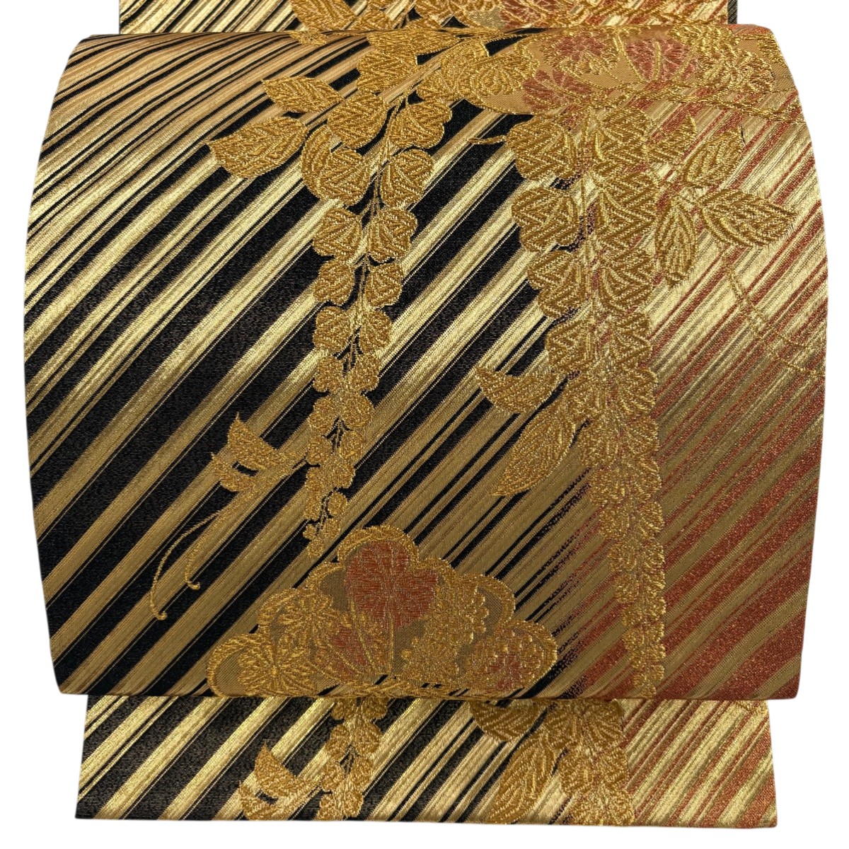【美品】 袋帯 秀品 松 藤 金糸 箔 黒 六通 正絹 【中古】