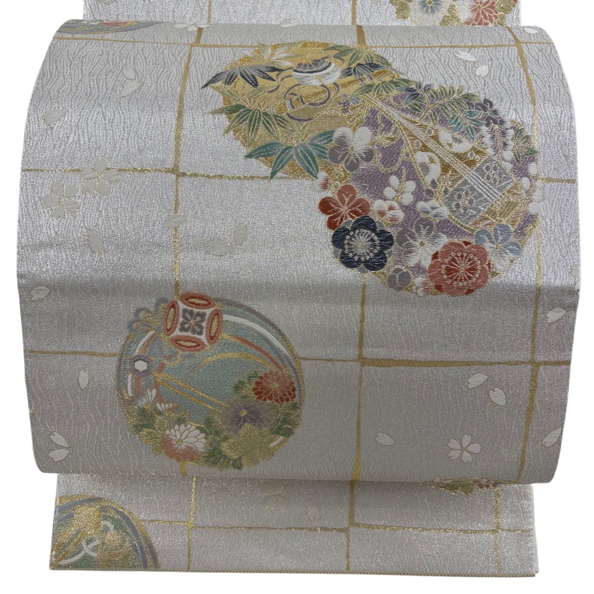 袋帯 秀品 花丸文 楽器 金銀糸 刺繍 銀色 六通 正絹 【中古】