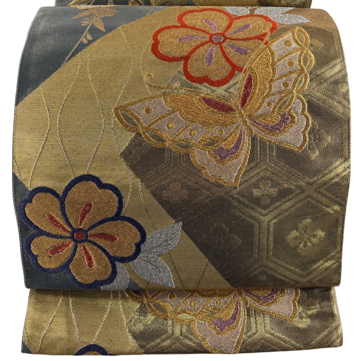 【美品】 袋帯 秀品 蝶 桜 箔 唐織 金色 六通 正絹 【中古】
