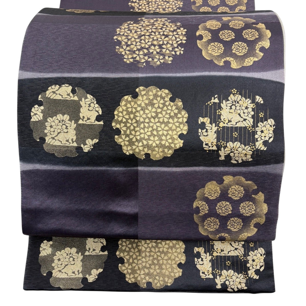 【美品】 袋帯 名品 雪輪 花うさぎ 金彩 紫 六通 正絹 【中古】