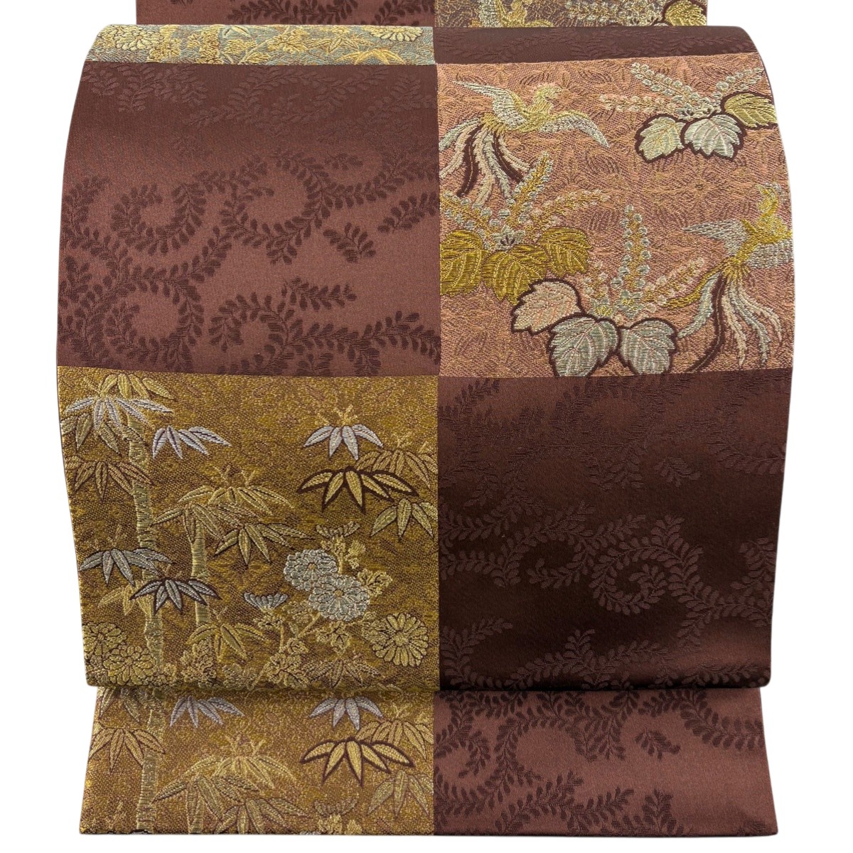 【美品】 袋帯 秀品 桐竹鳳凰 市松 金銀糸 箔 茶色 六通 正絹 【中古】