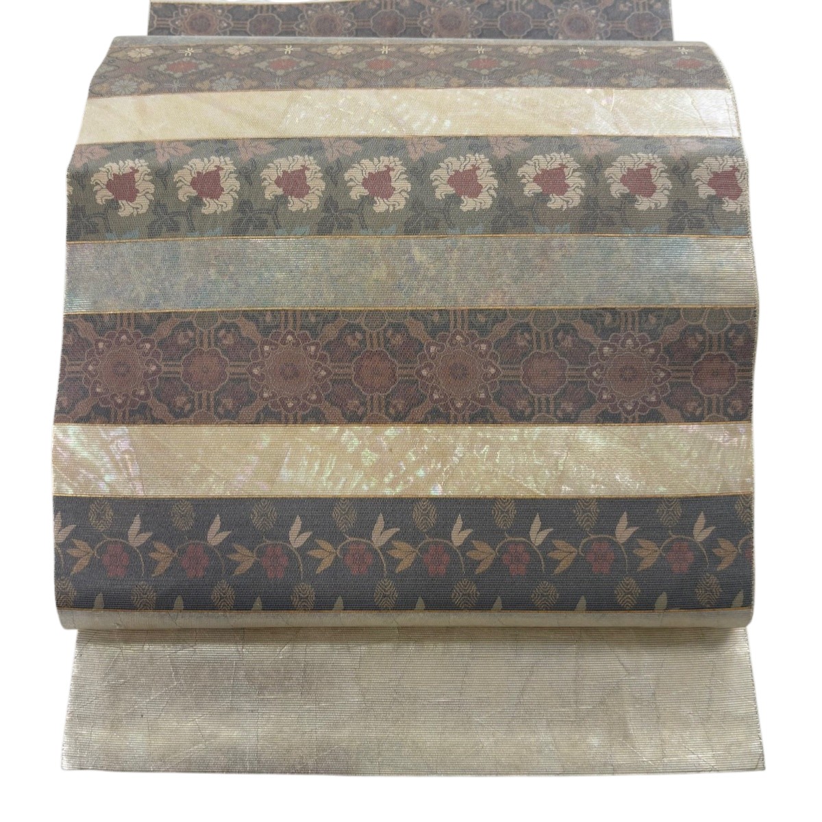 袋帯 秀品 縞 花唐草 螺鈿箔 ベージュ お太鼓柄 正絹 【中古】