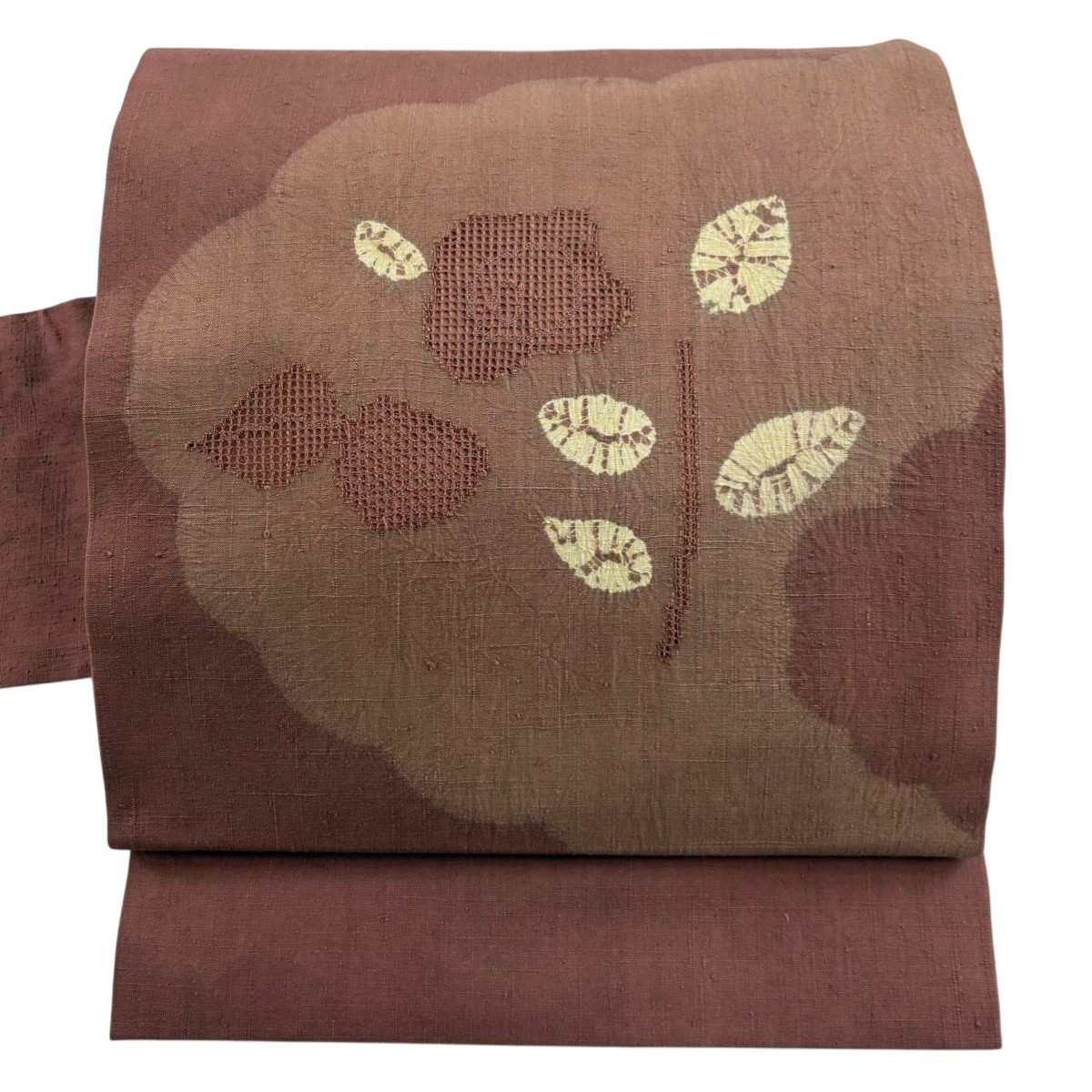 名古屋帯 秀品 草花 雲文 絞り 刺繍 小豆色 正絹 【中古】