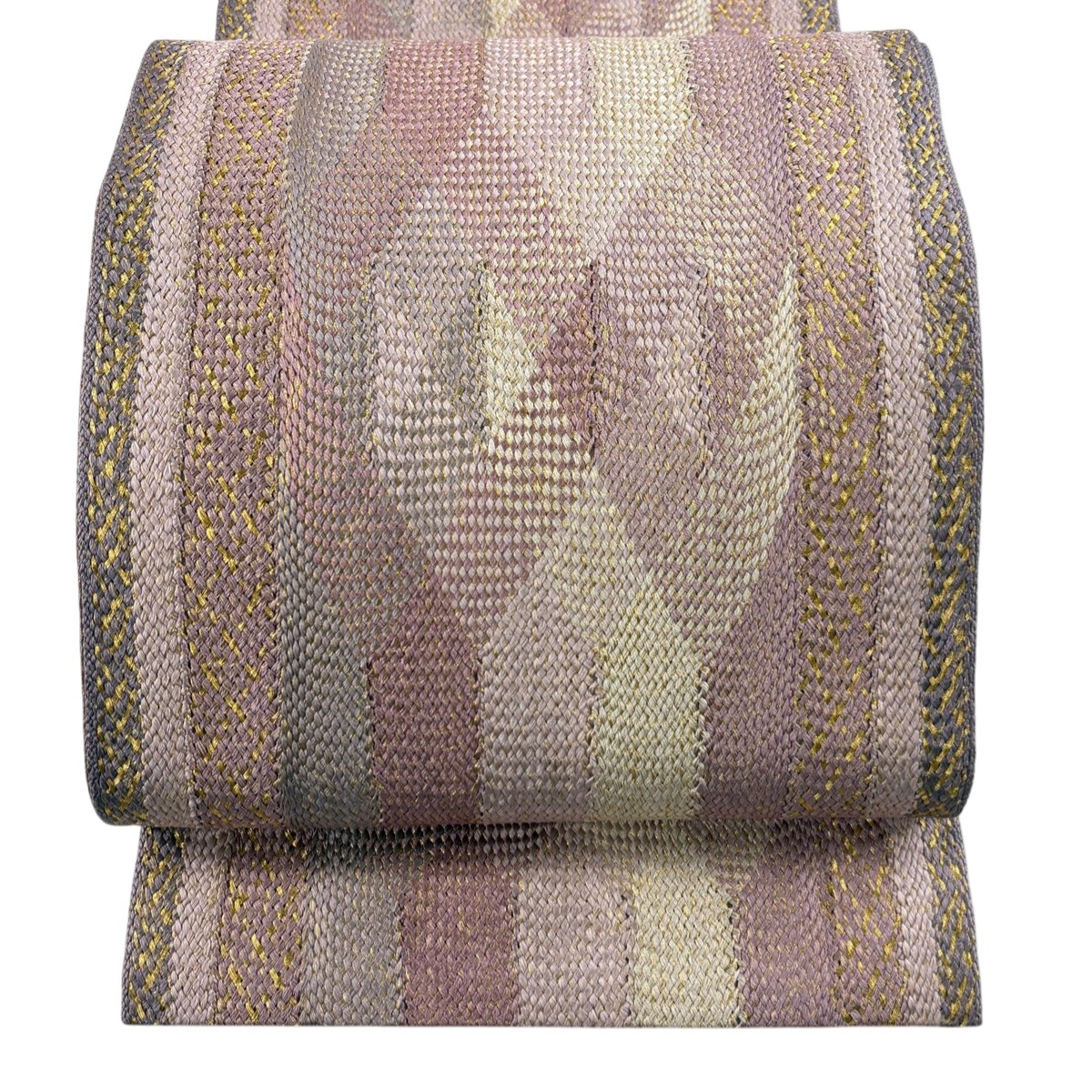 【美品】 袋帯 秀品 縞 幾何学 金糸 ピンク 全通 正絹 【中古】