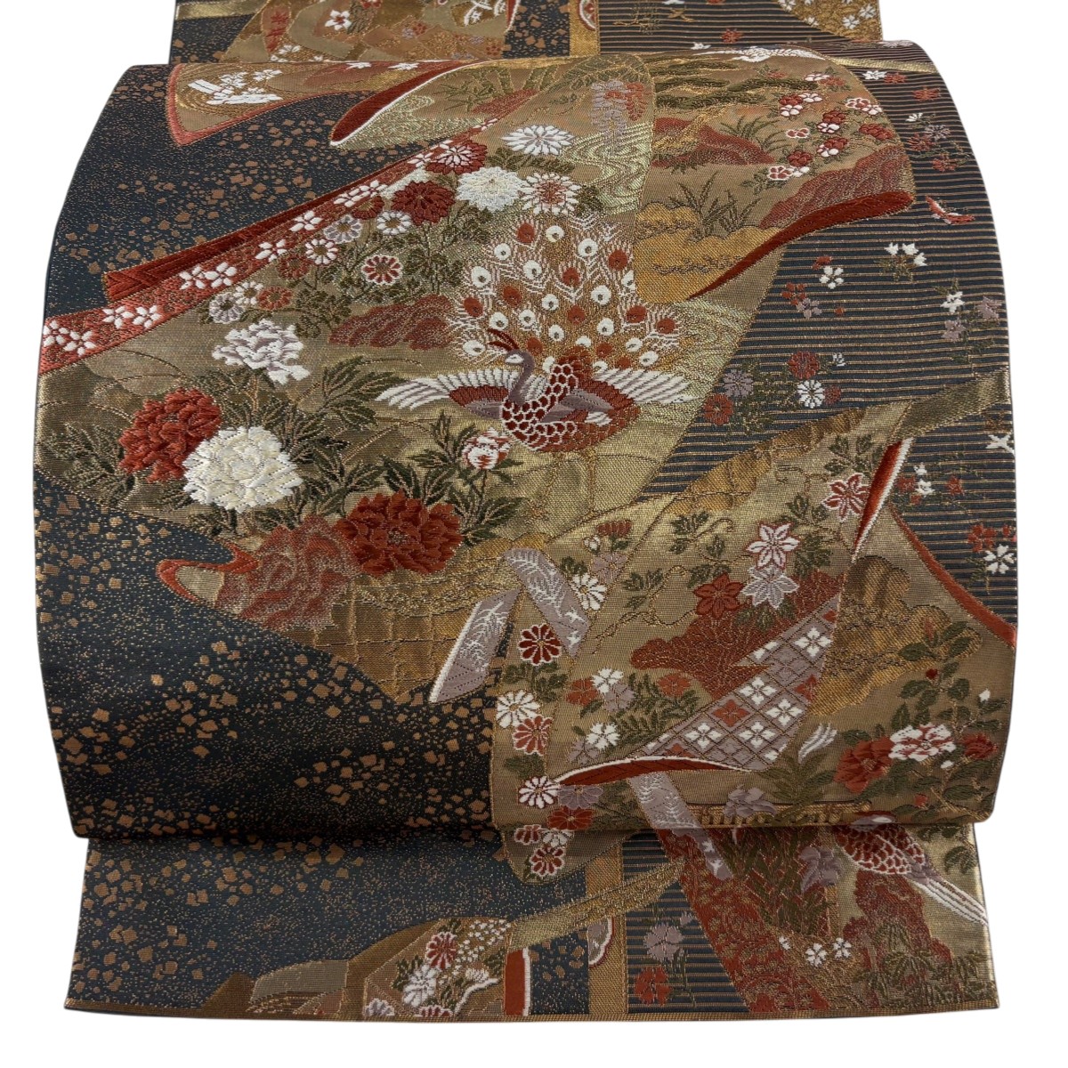 【美品】 袋帯 秀品 関西仕立て 誰が袖 花鳥 金糸 箔 灰緑 六通 正絹 【中古】