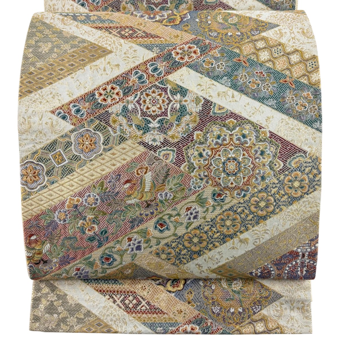 【美品】 袋帯 秀品 華文 花鳥 金糸 箔 ベージュ 六通 正絹 【中古】