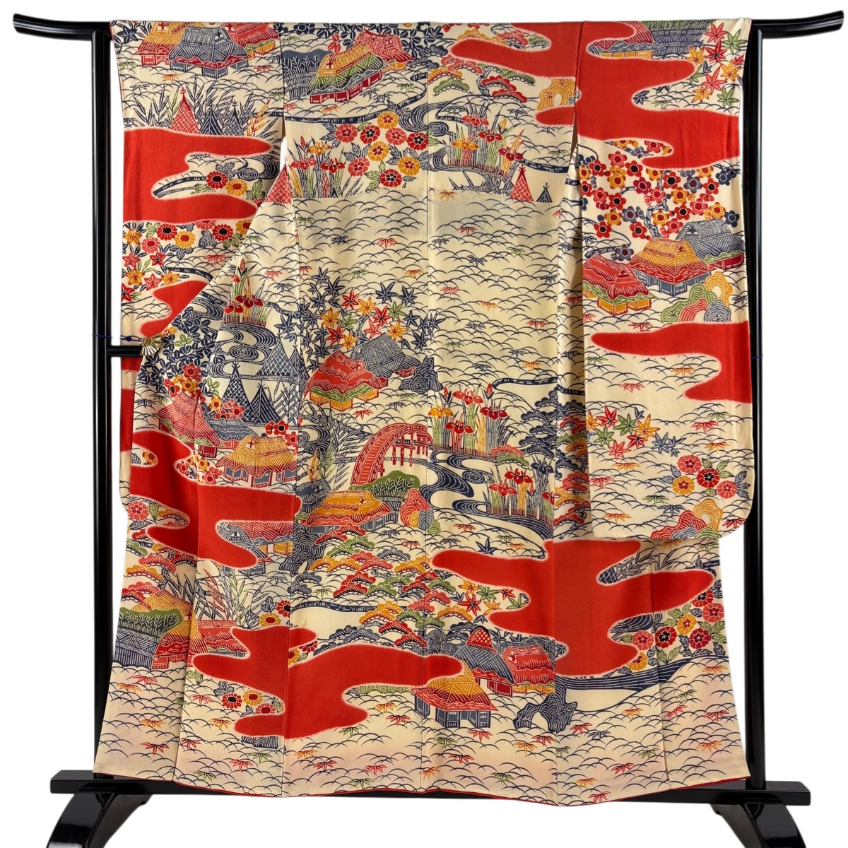 振袖 身丈158.5cm 裄丈64cm M 袷 建物 ヱ霞 縮緬 オレンジ 正絹 逸品 【中古】
