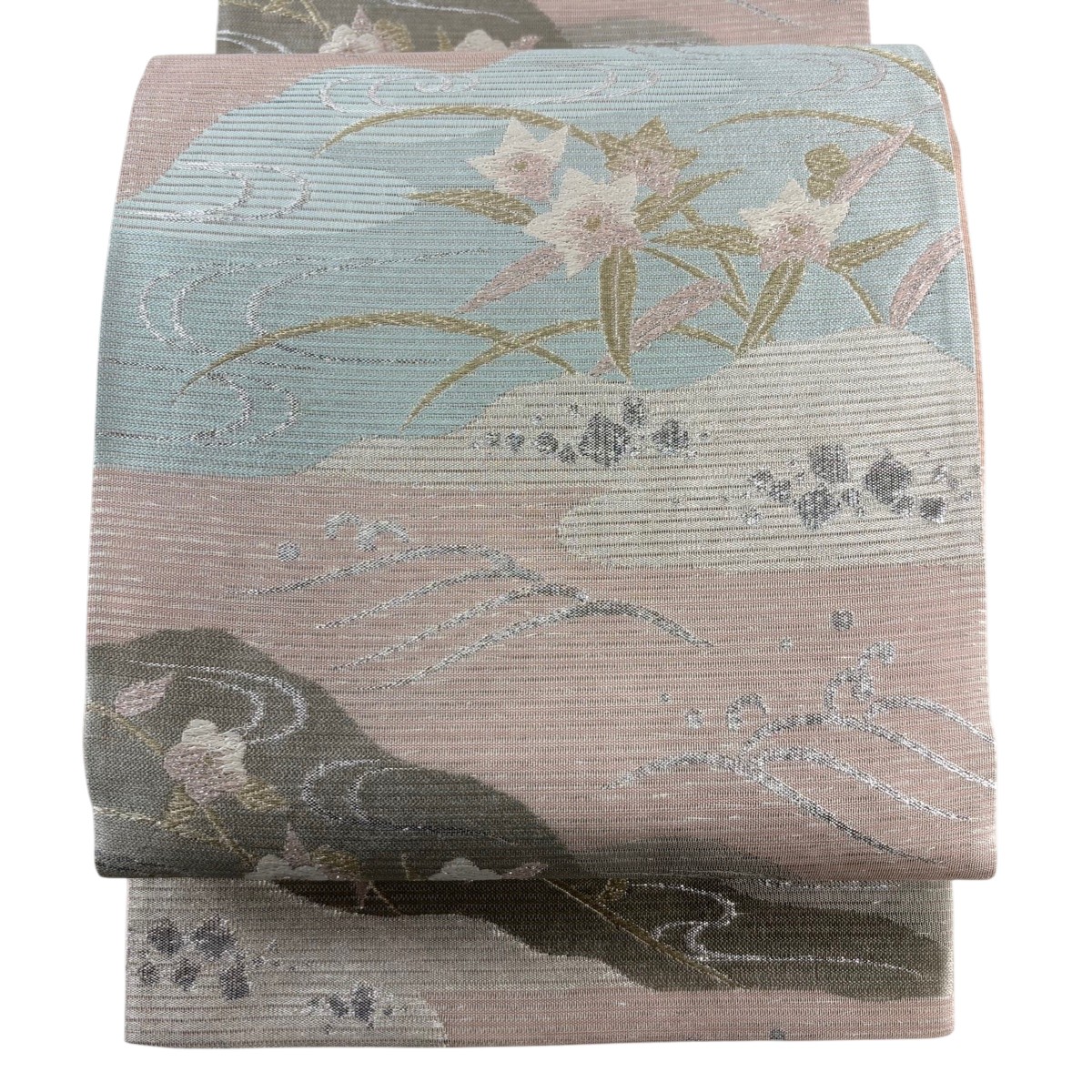 袋帯 秀品 夏帯 絽 桔梗 枝梅 金糸 箔 薄小豆 六通 正絹 【中古】