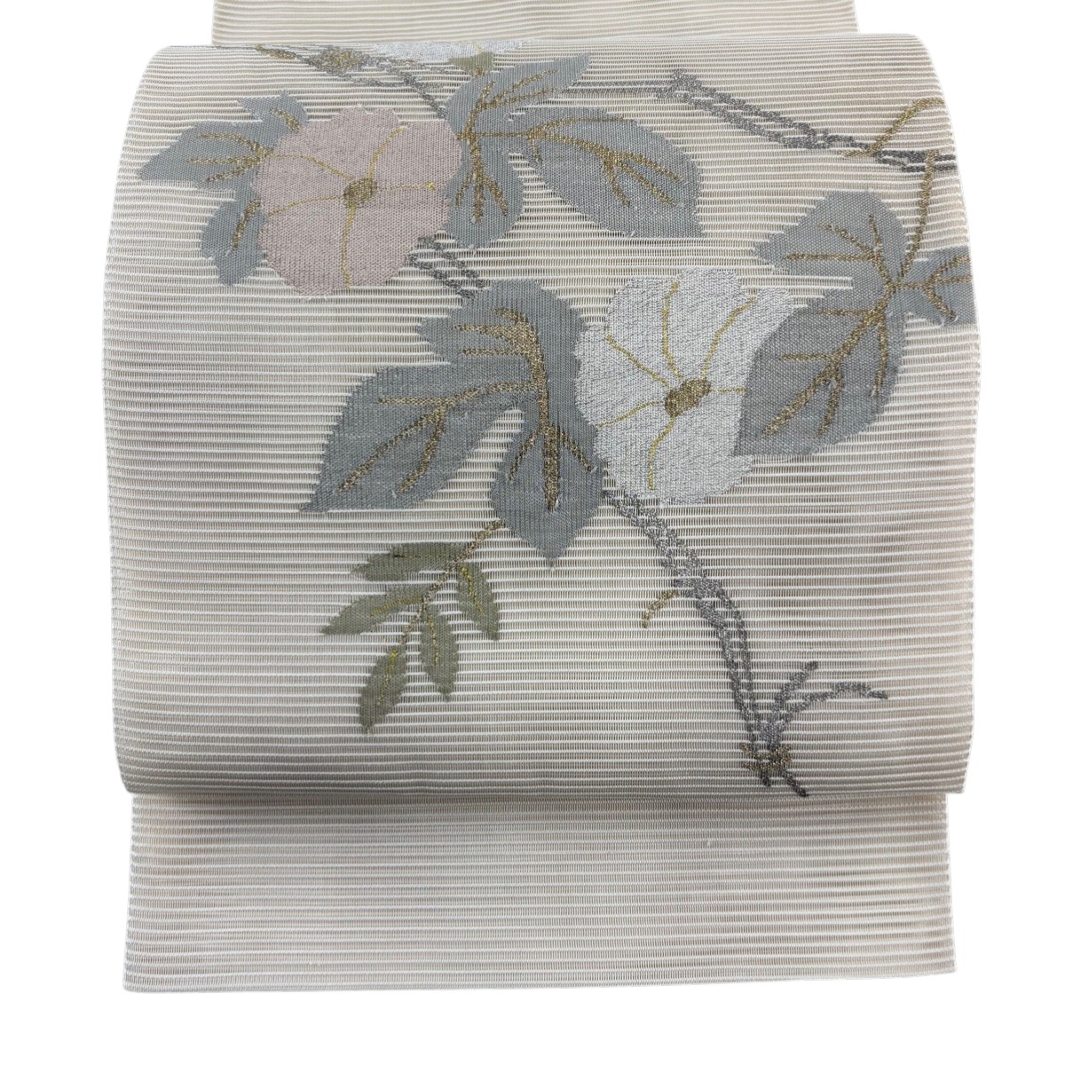 袋帯 秀品 夏帯 絽 草花 金銀糸 箔 クリーム お太鼓柄 正絹 【中古】