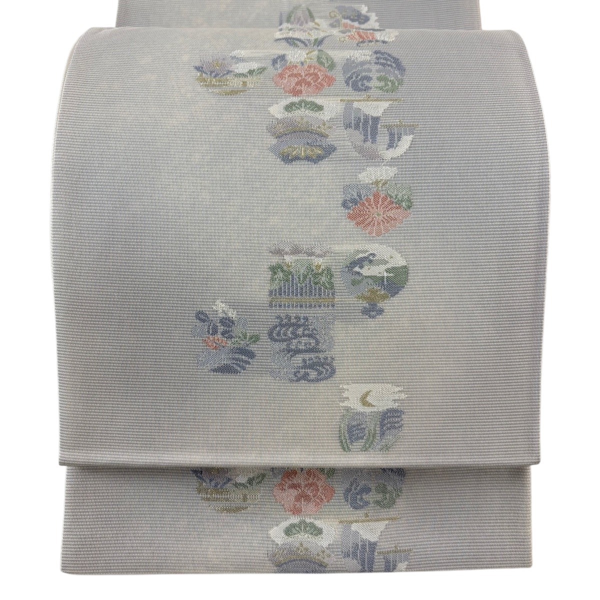袋帯 秀品 夏帯 絽 草花 波頭 金糸 青紫 六通 正絹 【中古】