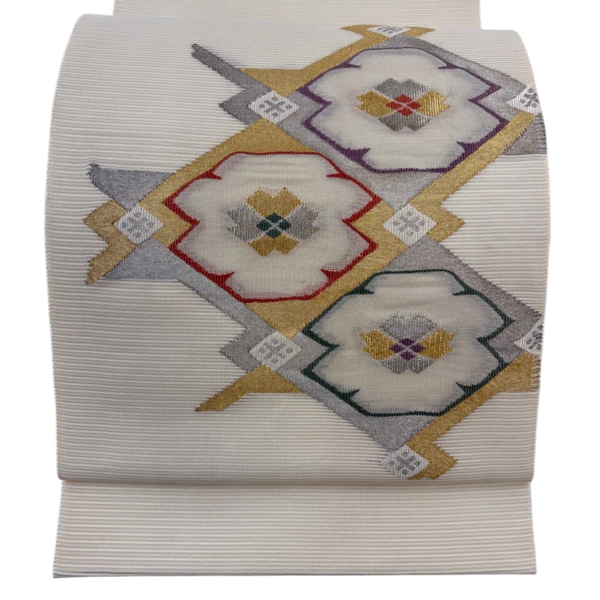 袋帯 秀品 夏帯 絽 菱 金銀糸 クリーム お太鼓柄 正絹 【中古】