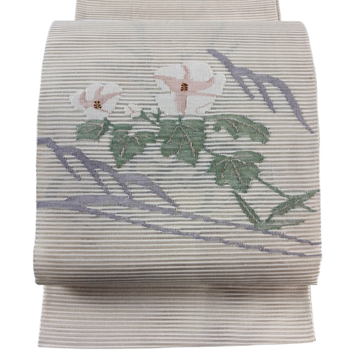 【美品】 袋帯 秀品 夏帯 絽 草花 波 金糸 ベージュ お太鼓柄 正絹 【中古】