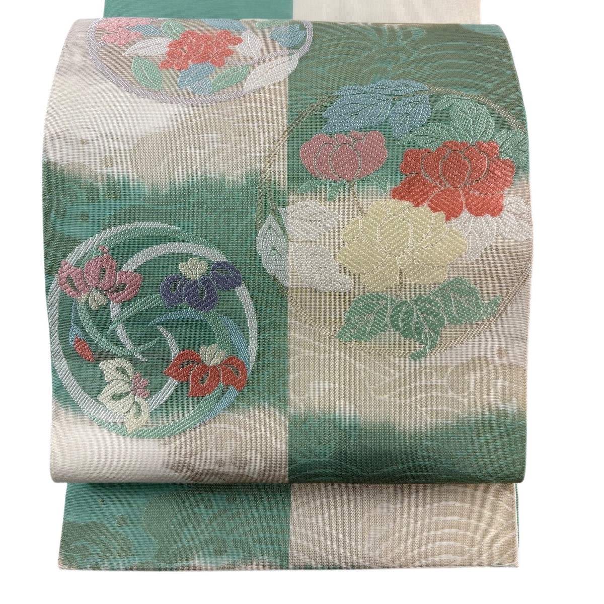 袋帯 秀品 夏帯 紗 花丸文 波頭 金糸 刺繍 薄緑 お太鼓柄 正絹 【中古】