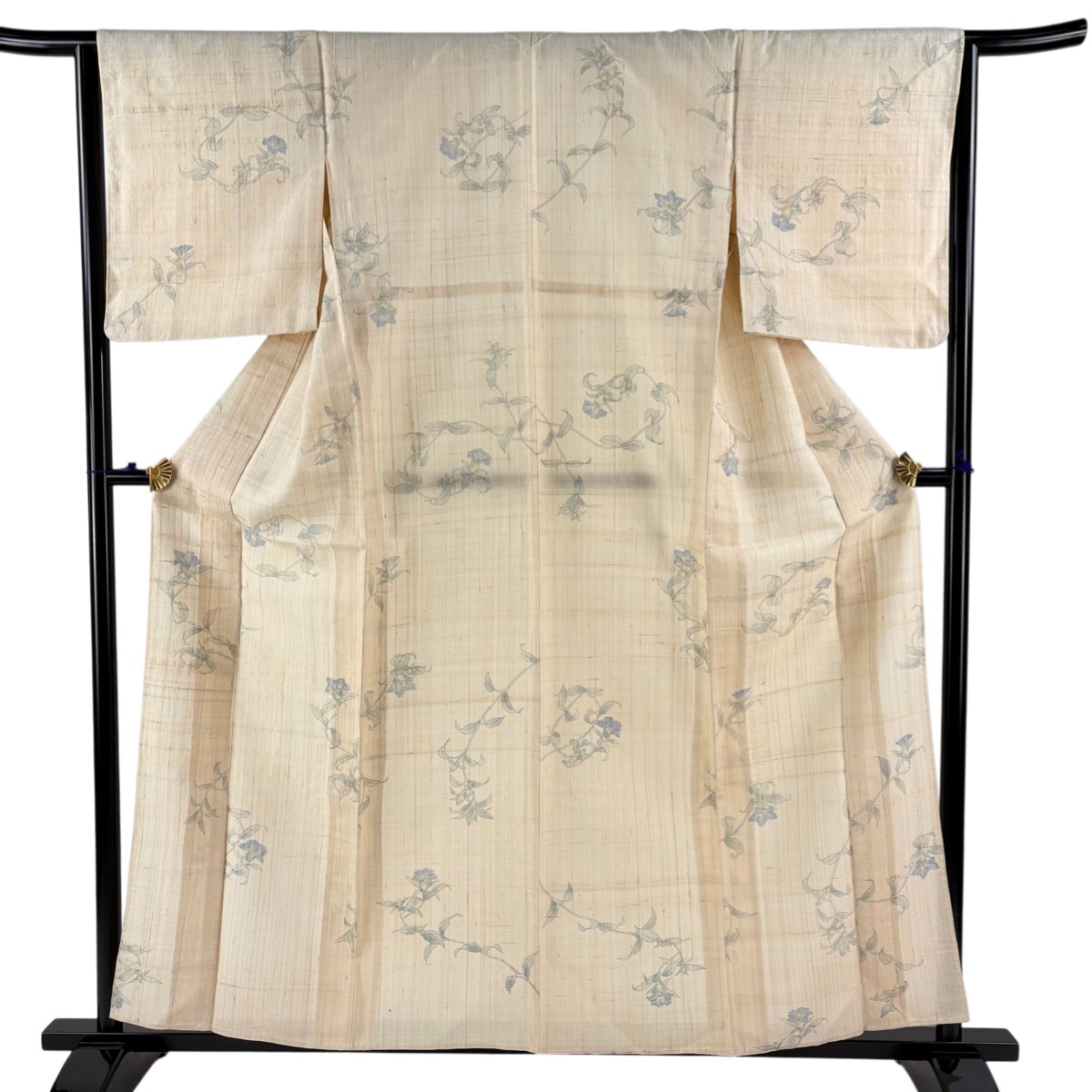 小紋 身丈158cm 裄丈65cm M 単衣 バチ衿 草花 紬地 ベージュ 正絹 秀品 【中古】 msp30