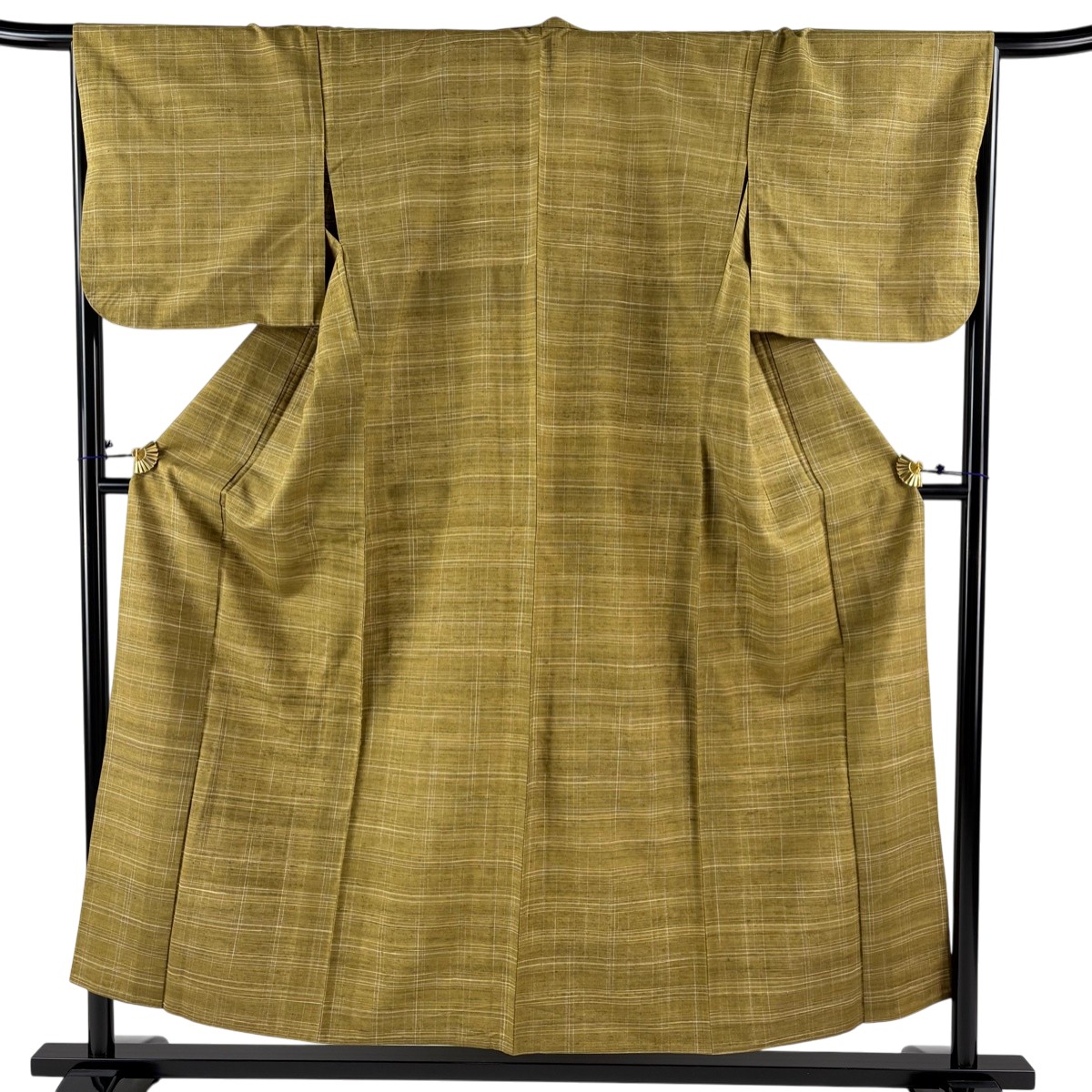 【美品】 紬 身丈153cm 裄丈68cm L 単衣 バチ衿 格子 茶緑色 正絹 秀品 【中古】
