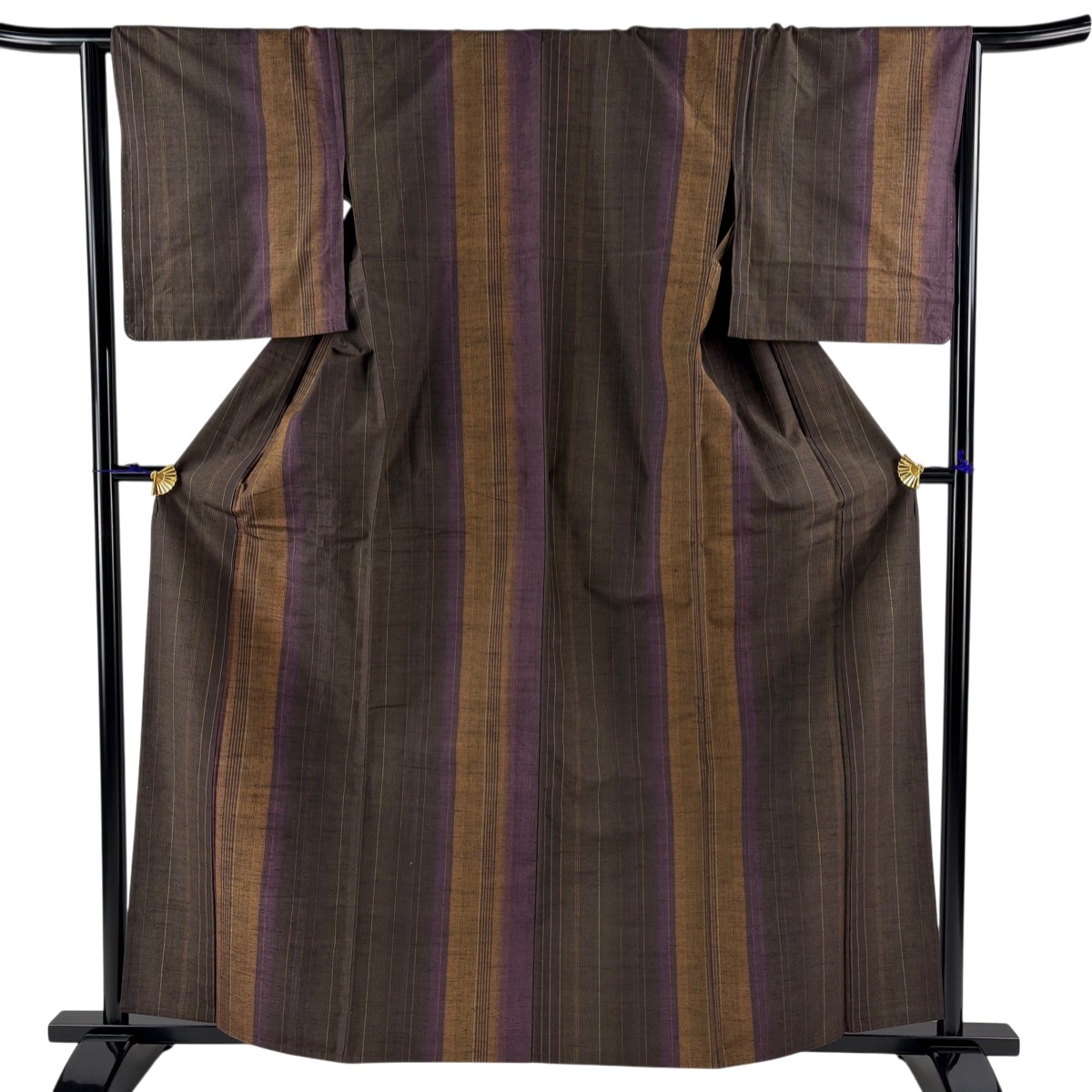 【美品】 紬 身丈161.5cm 裄丈65cm M 単衣 縦縞 焦茶色 正絹 秀品 【中古】