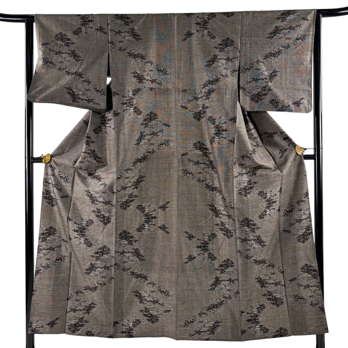【美品】 紬 身丈155cm 裄丈63.5cm S 単衣 建物 樹木 焦茶色 正絹 名品 【中古】 msp30