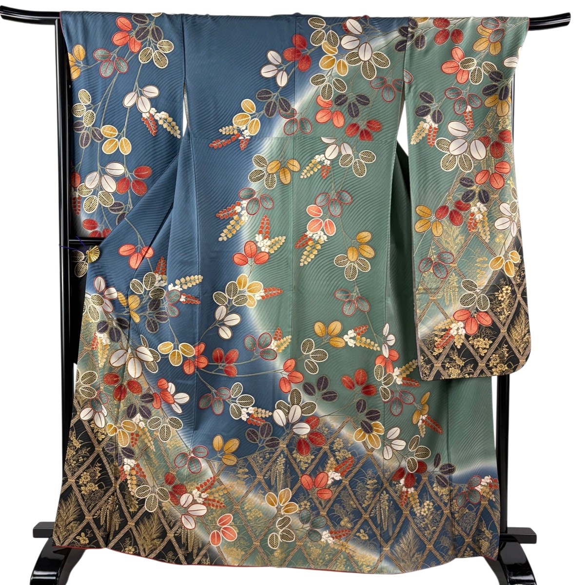 振袖 身丈166.5cm 裄丈68cm L 袷 萩 秋草 金糸 金彩 青灰色 正絹 秀品 【中古】 msp30
