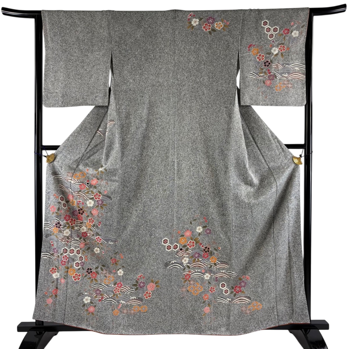 訪問着 身丈160.5cm 裄丈64cm M 袷 枝垂桜 波 金彩 灰色 正絹 秀品 【中古】 msp30
