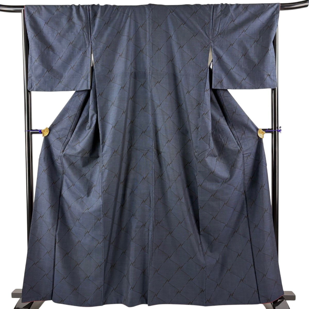紬 身丈152cm 裄丈68cm L 袷 幾何学模様 紺色 正絹 秀品 【中古】