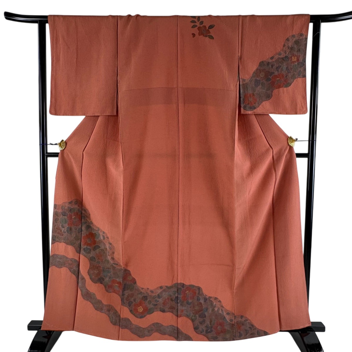 訪問着 身丈162.5cm 裄丈62.5cm S 袷 道長取り 草花 絞り 金通し 赤茶 正絹 秀品 【中古】 msp30