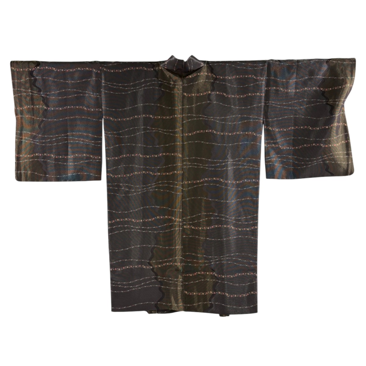 【美品】 道中着 身丈95cm 裄丈66cm M 和装コート 小花 霞 金銀糸 焦茶色 正絹 名品 【中古】