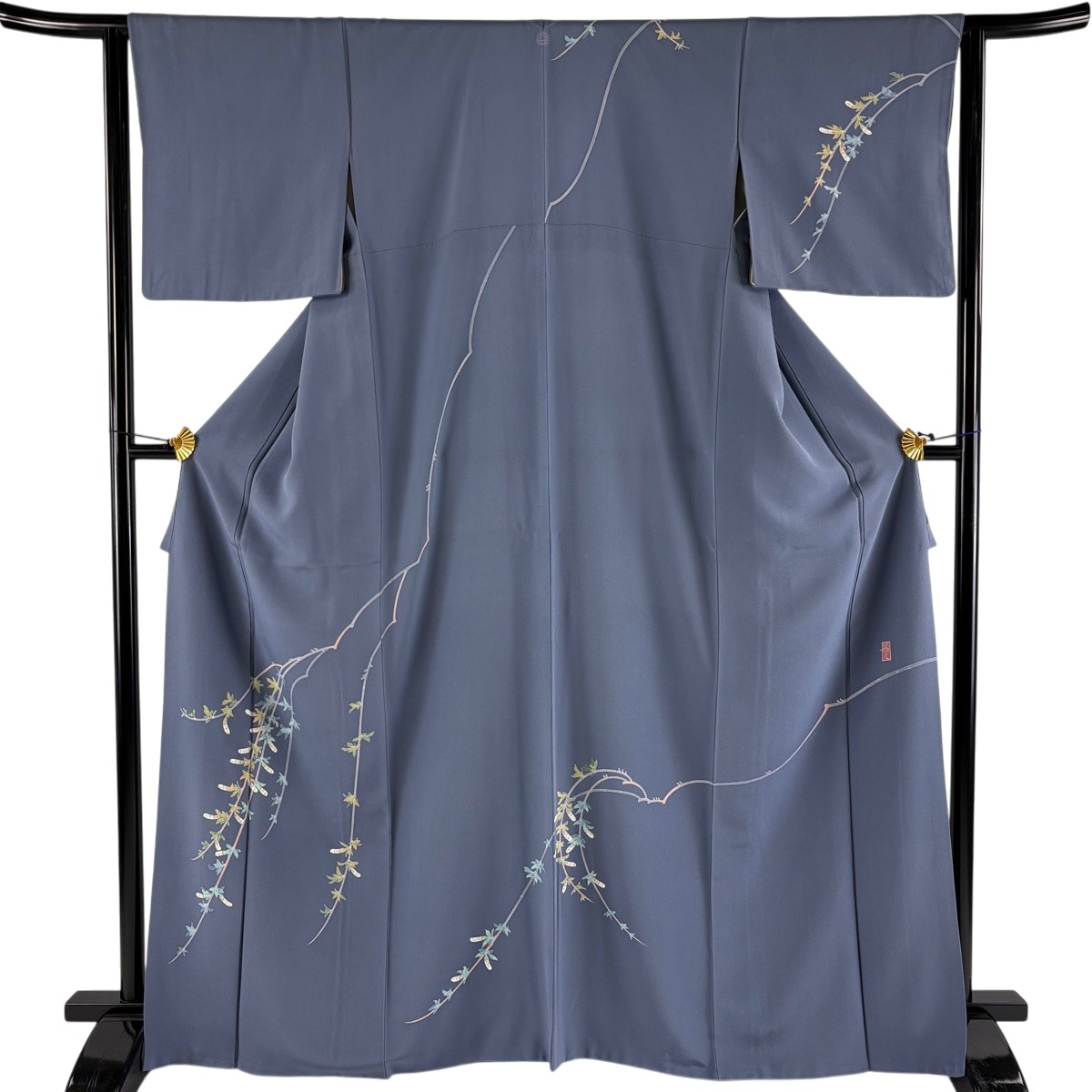 訪問着 身丈168cm 裄丈63.5cm S 袷 落款あり 柳 青灰色 正絹 名品 一つ紋 【中古】