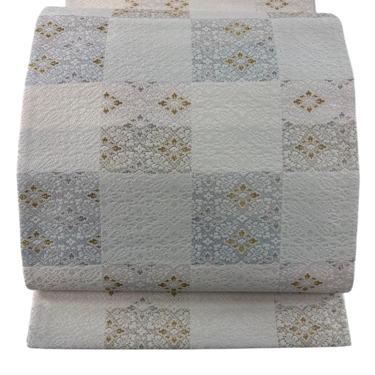 【美品】 袋帯 逸品 変わり市松 花菱 金銀糸 クリーム 六通 正絹 【中古】