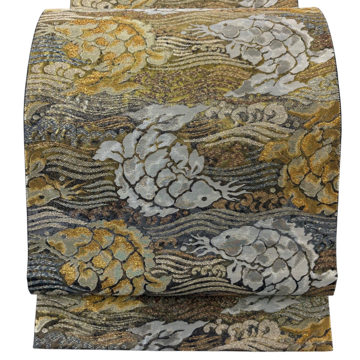 【美品】 袋帯 逸品 荒磯 波 金銀糸 箔 金色 六通 正絹 【中古】