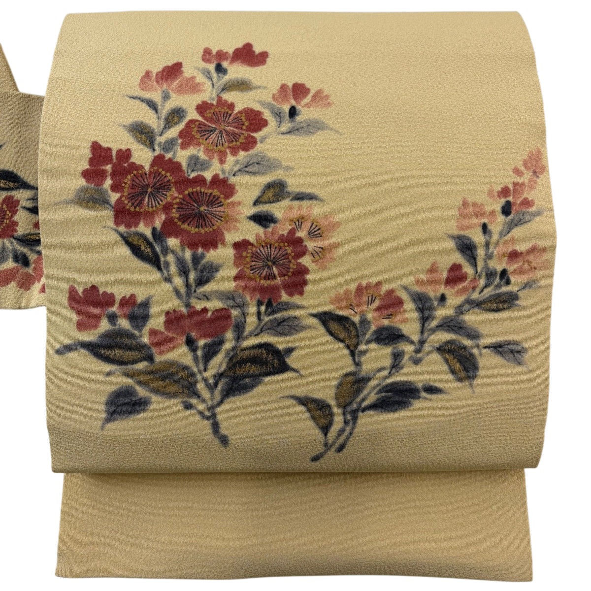【美品】 名古屋帯 名品 落款あり 山科春亘 草花 金彩 薄黄土色 正絹 【中古】 msp30 8,971円