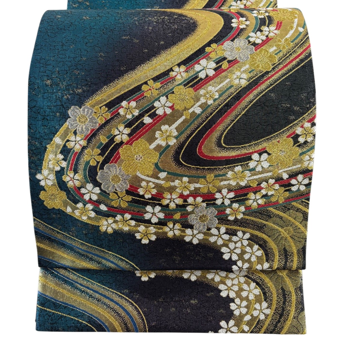 【美品】 袋帯 秀品 振袖向き 流水 桜 金銀糸 箔 黒 六通 正絹 【中古】