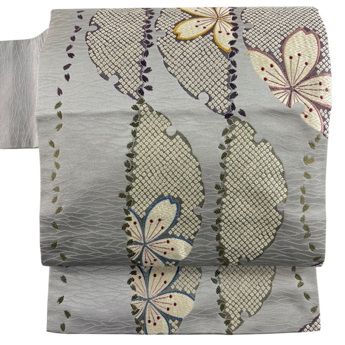 【美品】 名古屋帯 秀品 桜 雪輪 唐織 灰色 正絹 【中古】