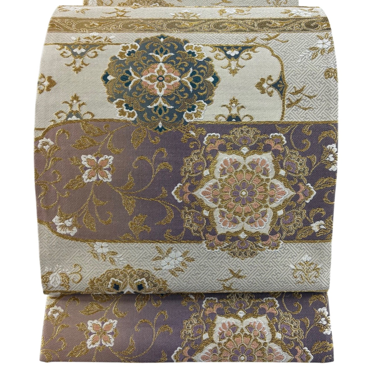 【美品】 袋帯 秀品 華文 花唐草 金糸 箔 灰色 六通 正絹 【中古】