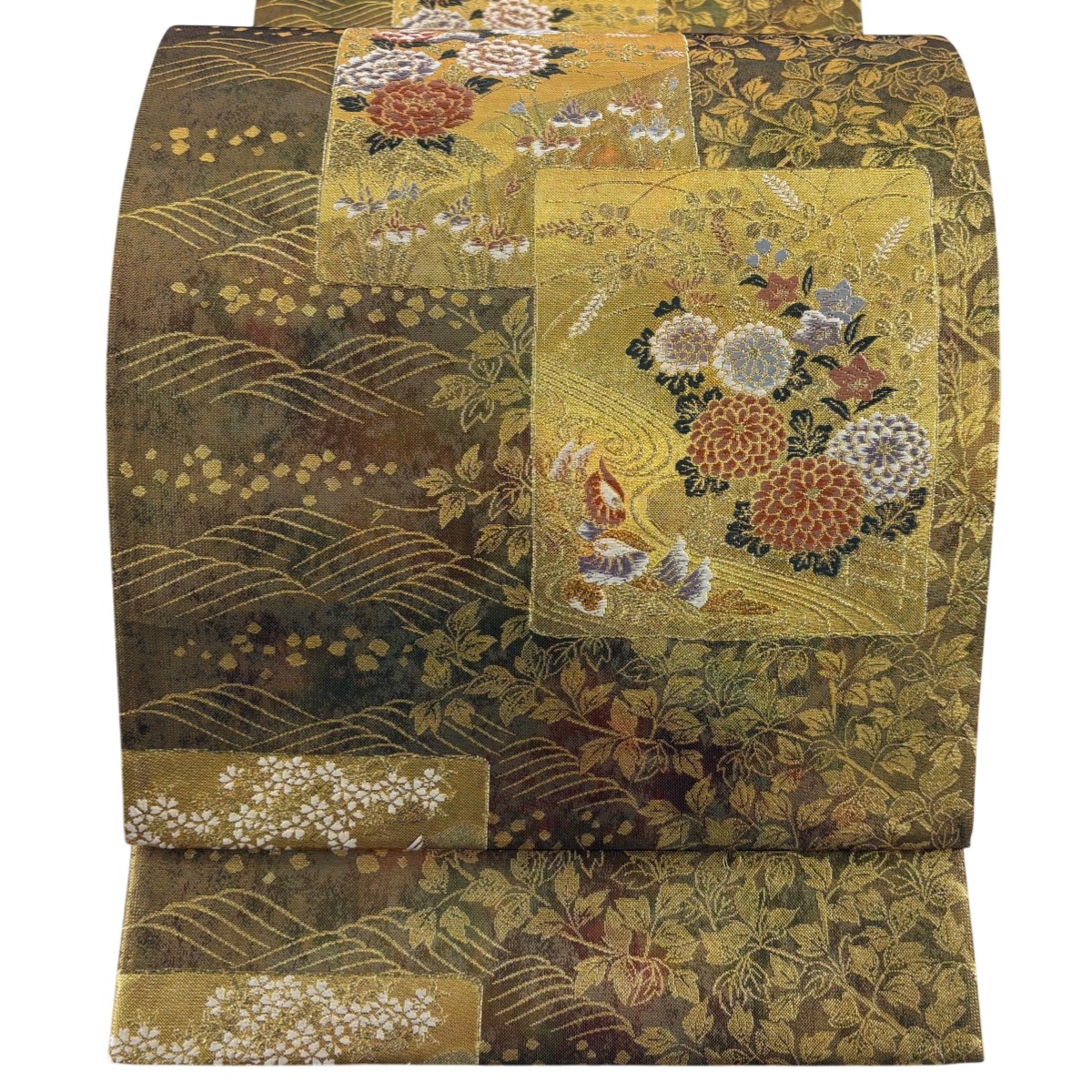 【美品】 袋帯 秀品 色紙 草花 金糸 箔 金色 六通 正絹 【中古】