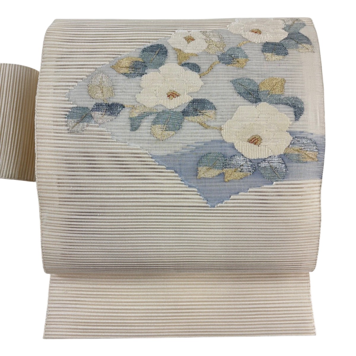 【美品】 名古屋帯 秀品 夏帯 絽 八寸名古屋帯 椿 金銀糸 箔 ベージュ 正絹 【中古】