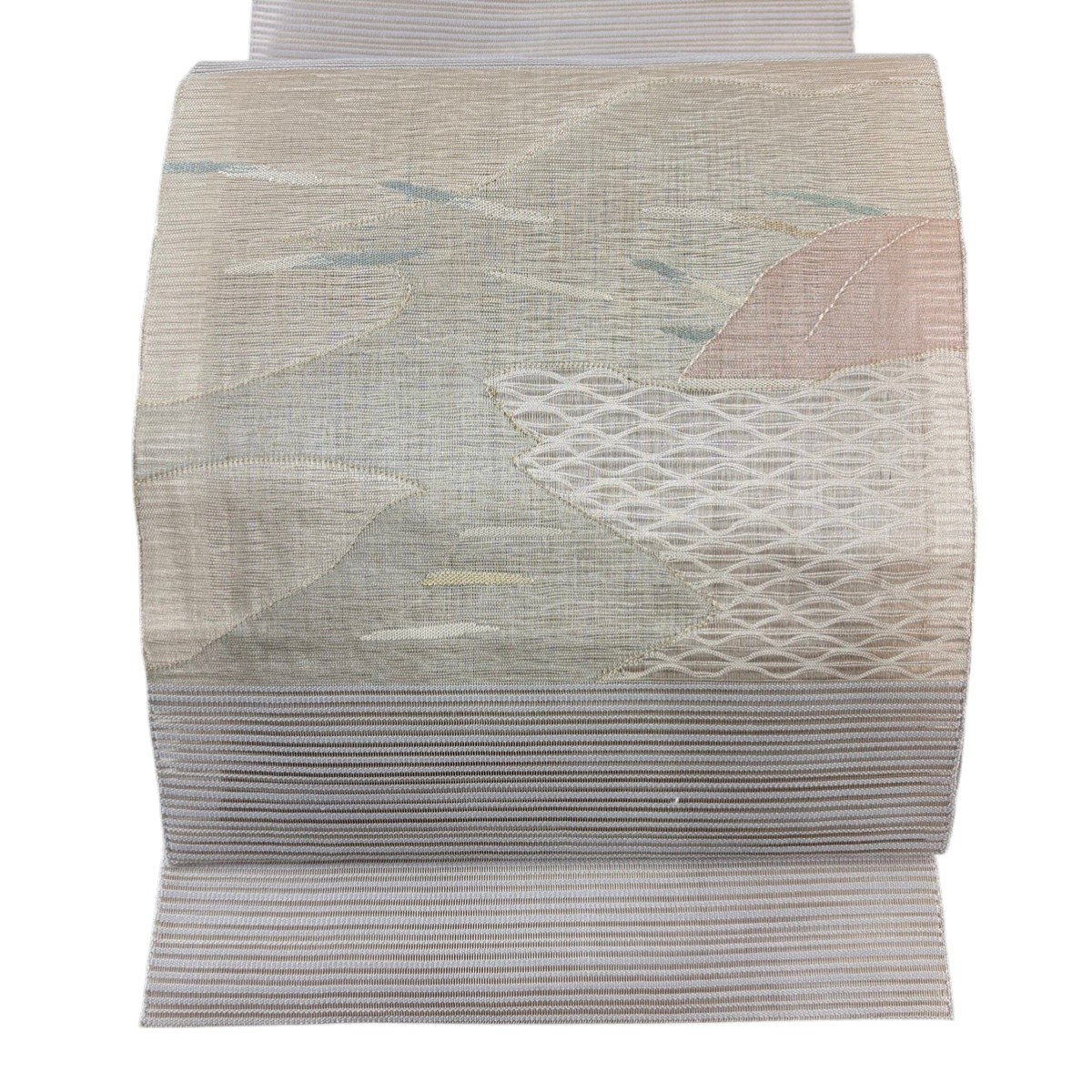 名古屋帯 秀品 夏帯 絽 八寸名古屋帯 幾何学 金銀糸 灰色 お太鼓柄 正絹 【中古】