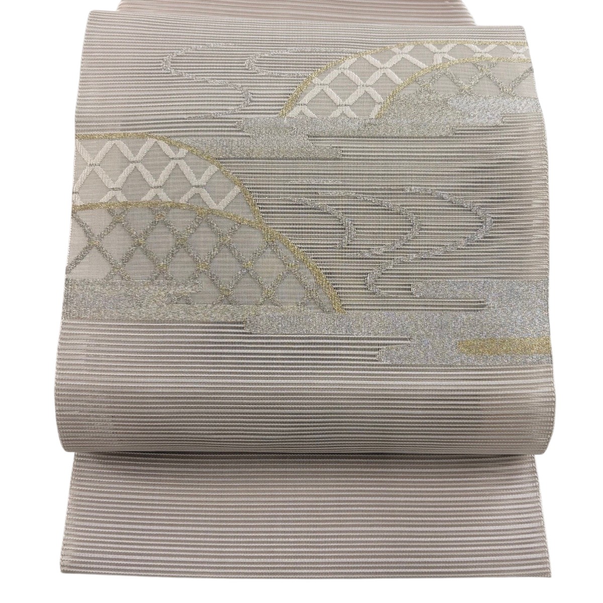 名古屋帯 秀品 夏帯 絽 八寸名古屋帯 松葉仕立て 光悦垣 霞 金銀糸 ベージュ 正絹 【中古】