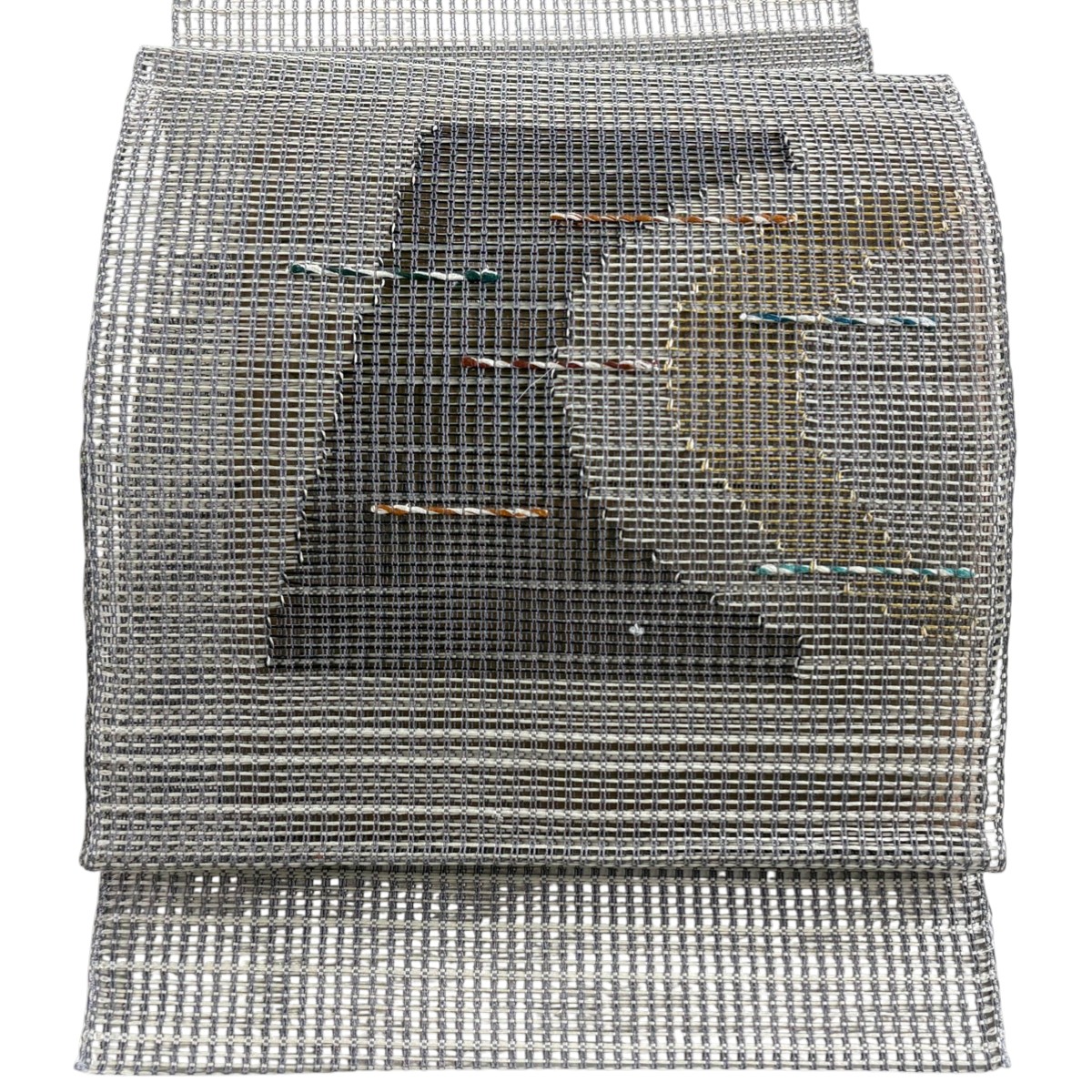 【美品】 名古屋帯 秀品 夏帯 八寸名古屋帯 松葉仕立て トンネル仕立て 幾何学模様 灰色 正絹 【中古】