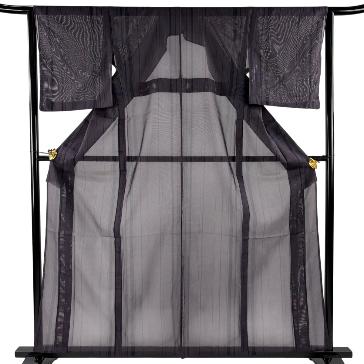 【美品】 小紋 身丈160.5cm 裄丈64cm M 薄物 絽 撫子 縦縞 紫 化繊 秀品 【中古】