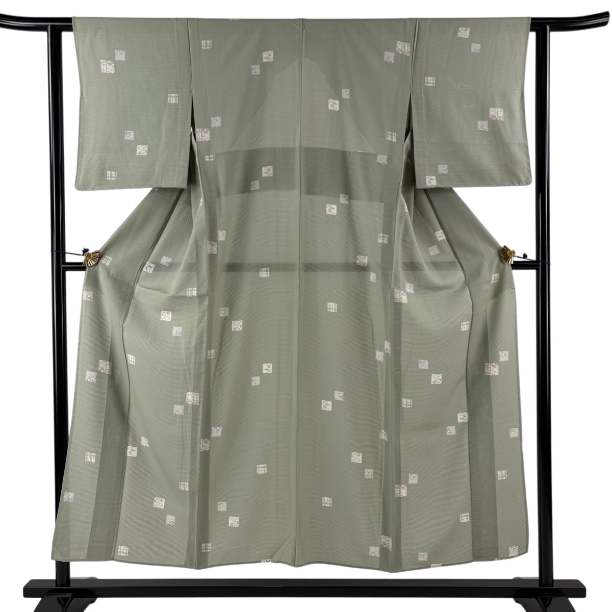 【美品】 小紋 身丈153cm 裄丈60.5cm S 薄物 絽 万寿菊 色紙 灰緑 正絹 秀品 【中古】
