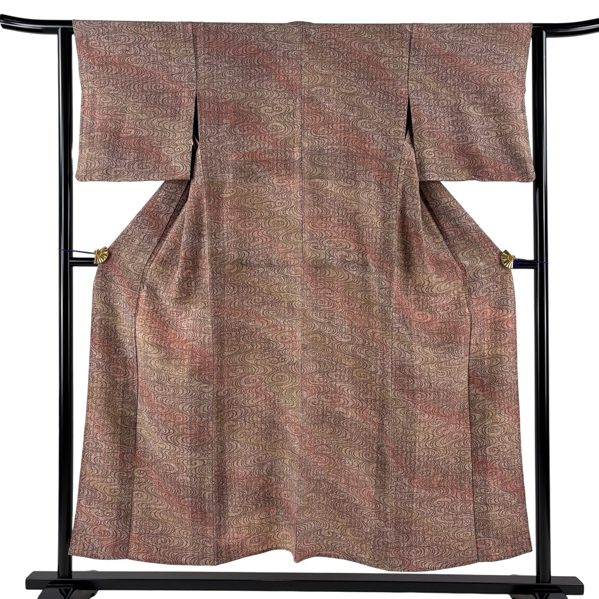 【美品】 小紋 身丈151cm 裄丈62cm S 単衣 観世水 縦縞 赤茶 正絹 秀品 【中古】
