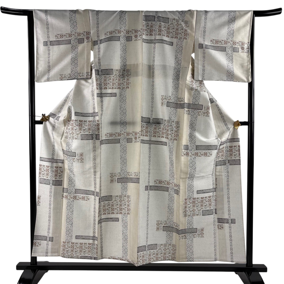 【美品】 小紋 身丈155.5cm 裄丈65cm M 単衣 岩野市兵衛 紬地 落款あり 草花 花菱 灰白 正絹 逸品 【中古】 27,232円