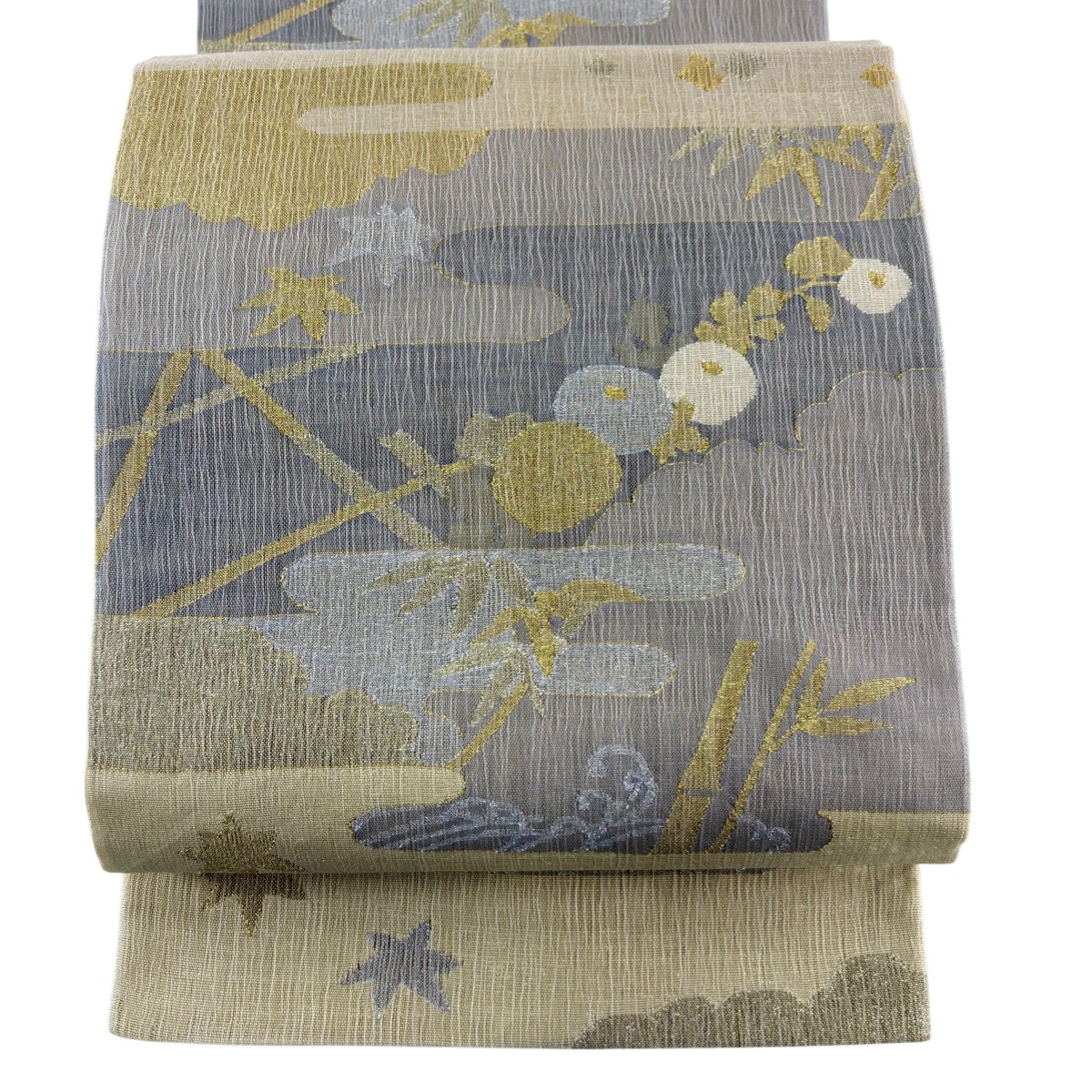 袋帯 名品 夏帯 万寿菊 ヱ霞 金銀糸 ベージュ 六通 正絹 【中古】