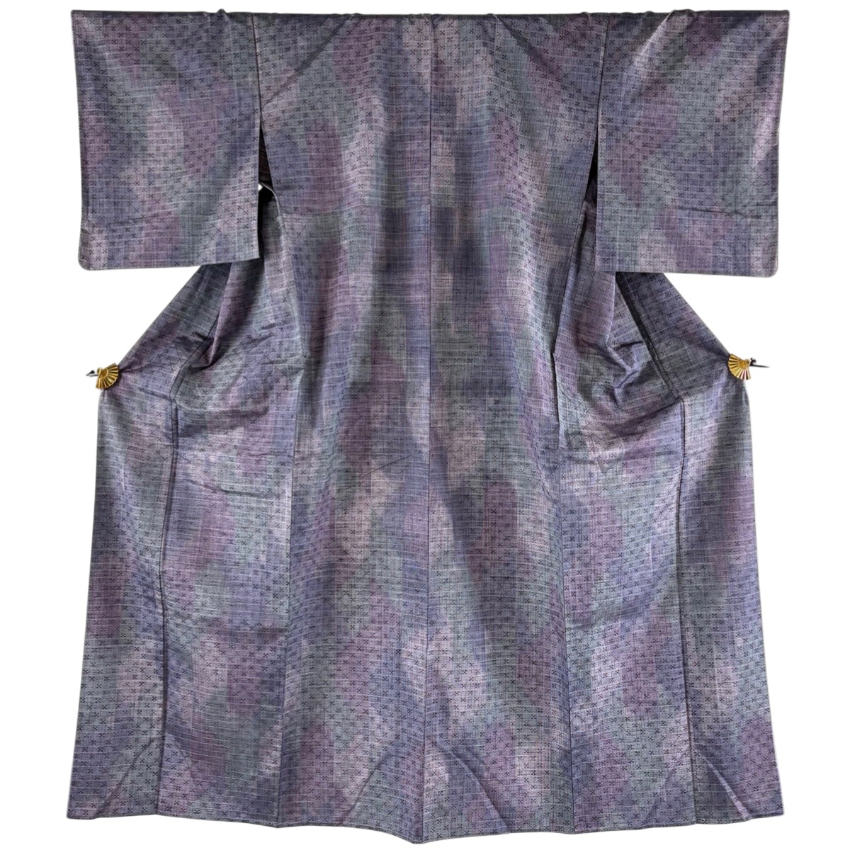 【美品】 紬 身丈152.5cm 裄丈64cm M 単衣 縞 幾何学模様 紫 正絹 名品 【中古】 msp30