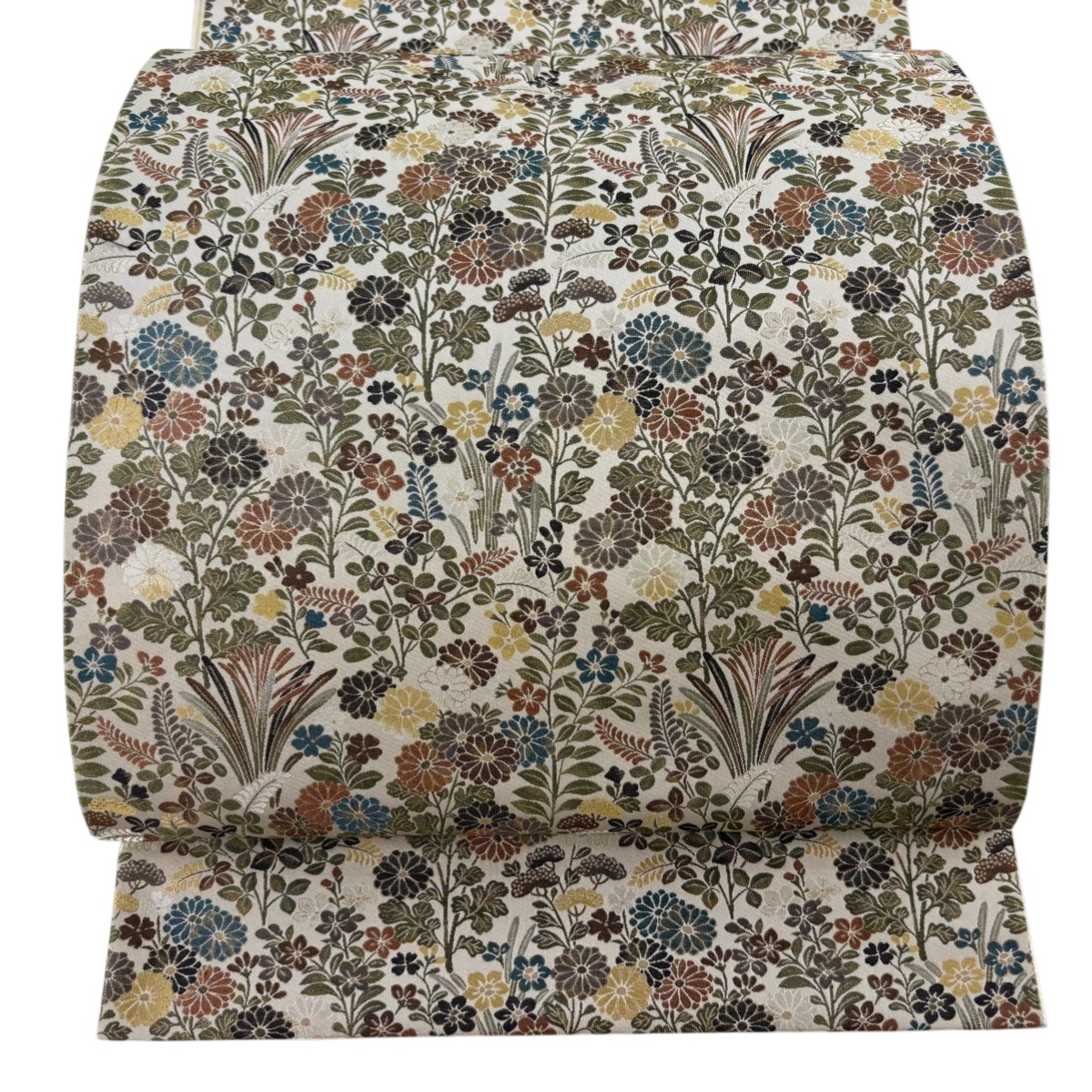 【美品】 袋帯 逸品 菱屋善兵衛 落款あり 秋草 草花 金糸 薄茶色 六通 正絹 【中古】