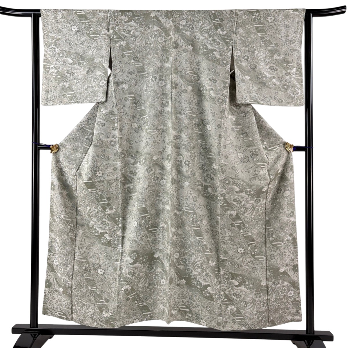 【美品】 小紋 身丈154.5cm 裄丈63cm S 袷 草花 雲文 紋意匠 灰緑 正絹 名品 【中古】